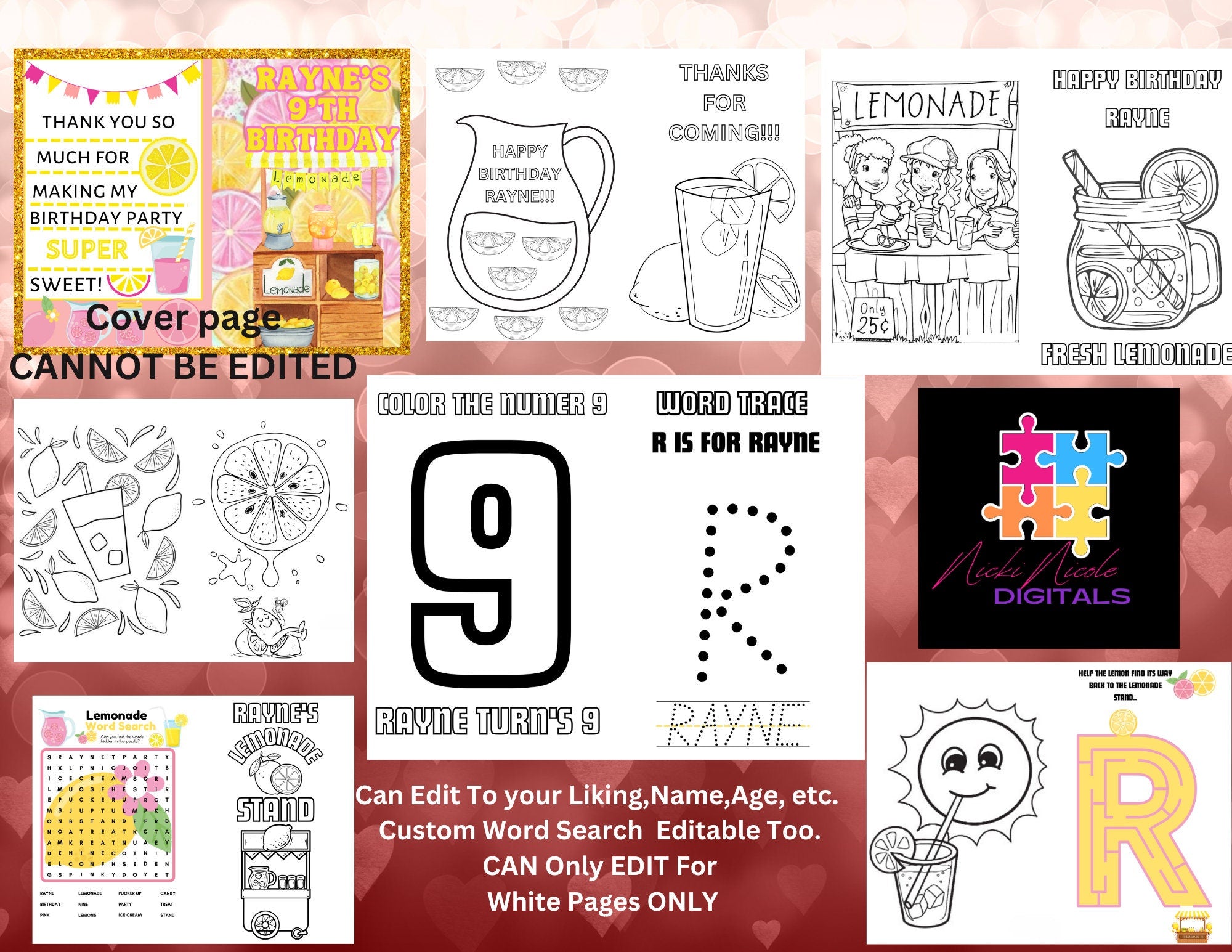 Editable Pink Lemonade Coloring Book