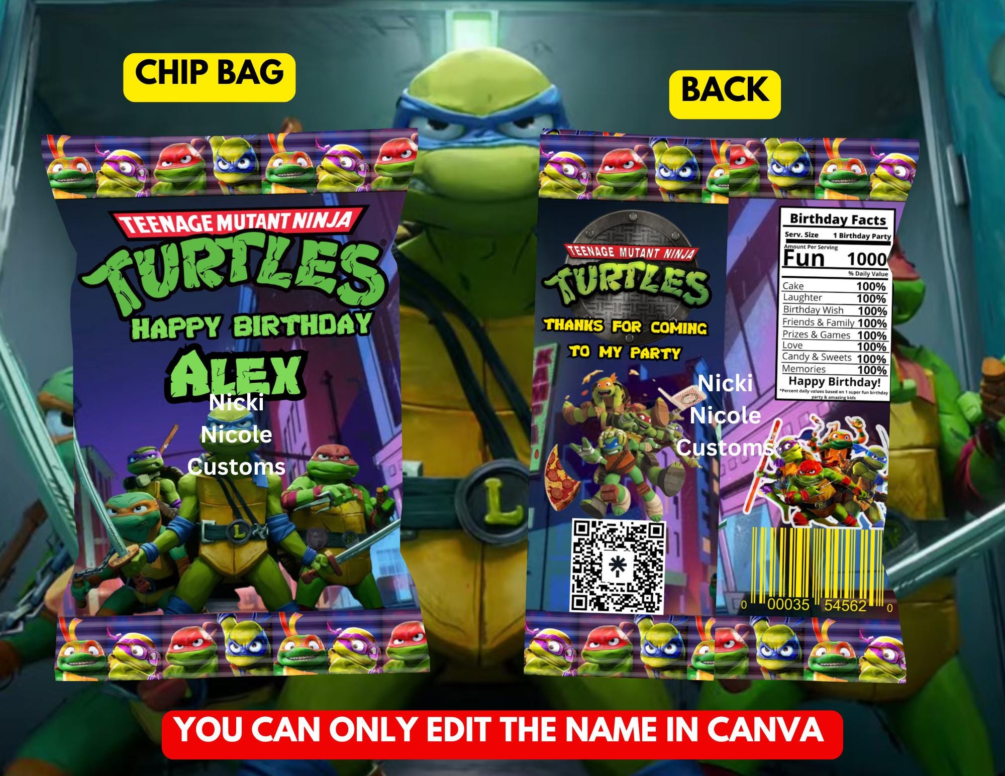 Party favor turtles Chip bag Template