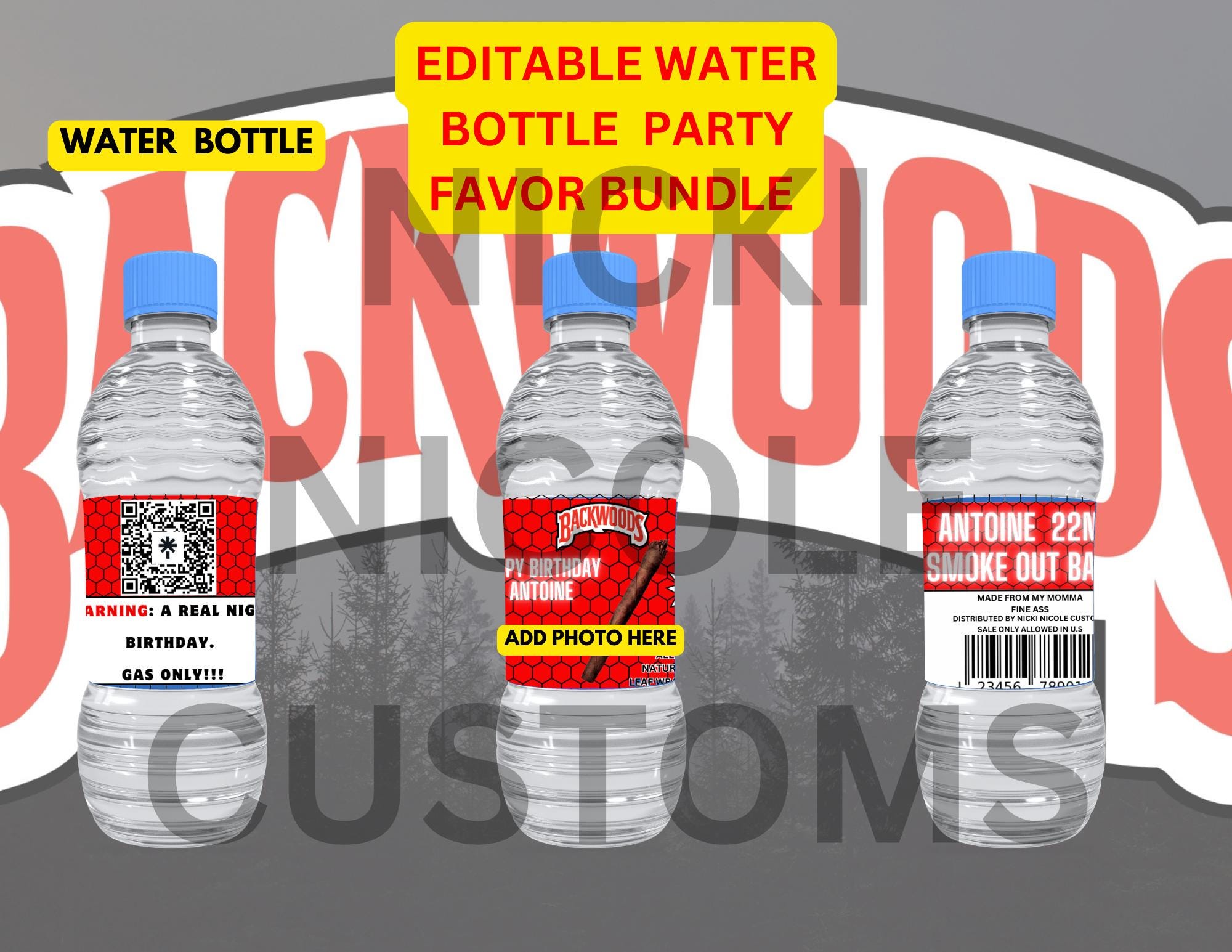 Editable water bottle backwood template
