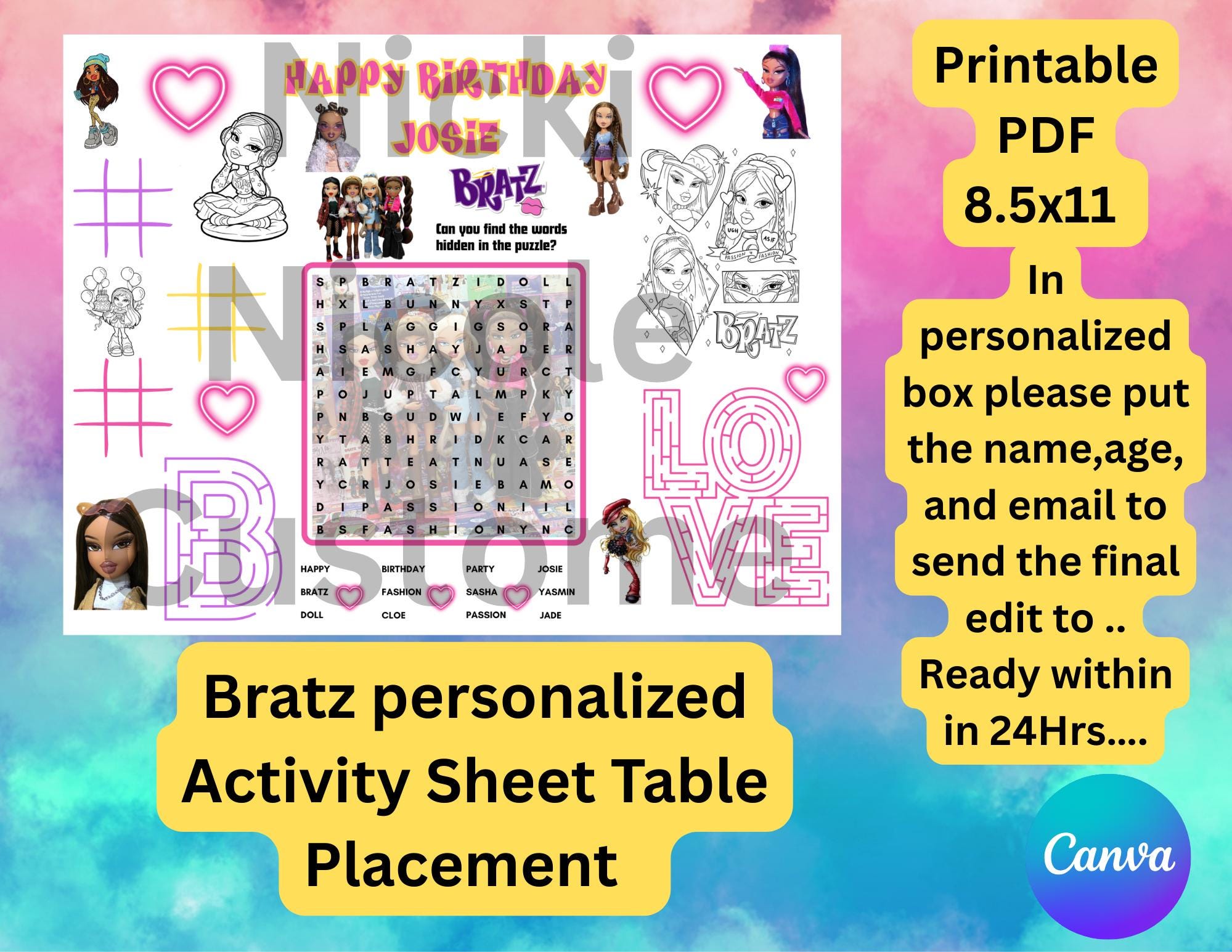Bratz Activity Page, Kids Birthday,Personalized Coloring Page