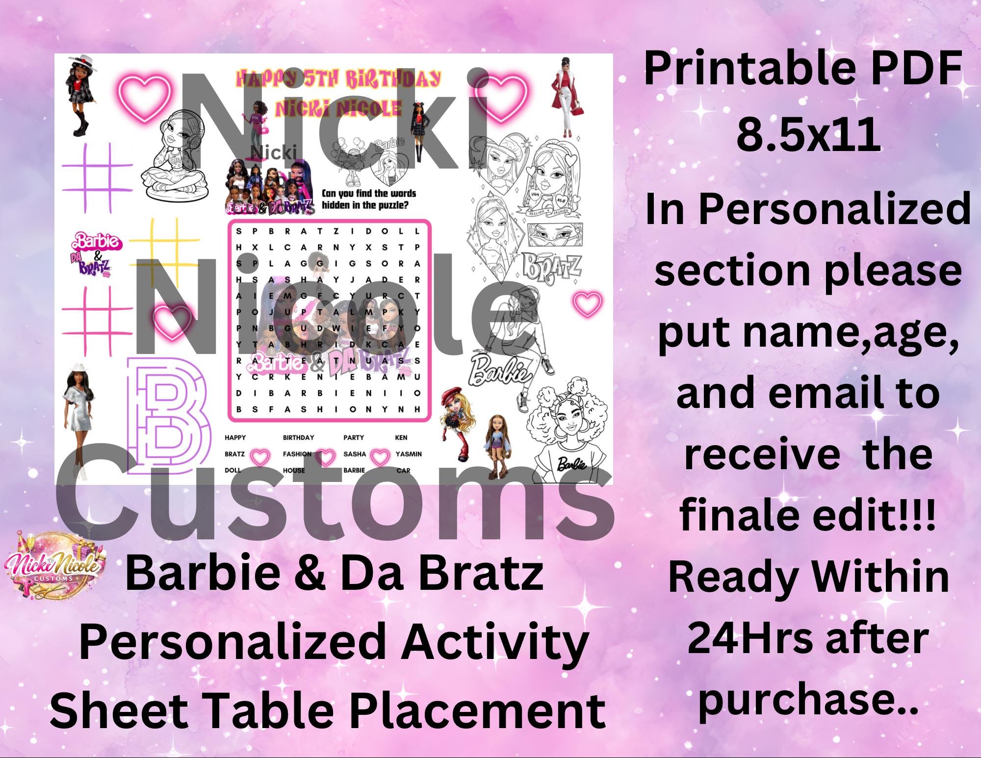 Barbie and da bratz personalized coloring placements