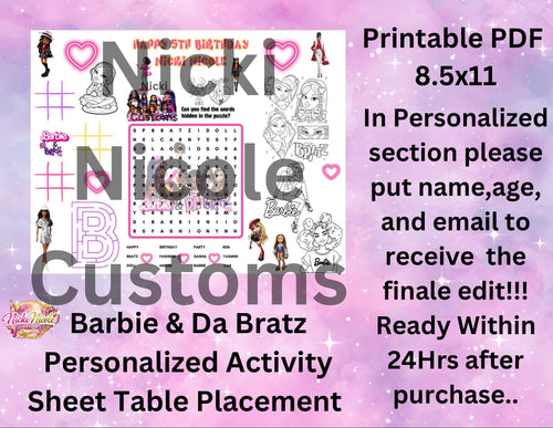 Barbie and da bratz personalized coloring placements